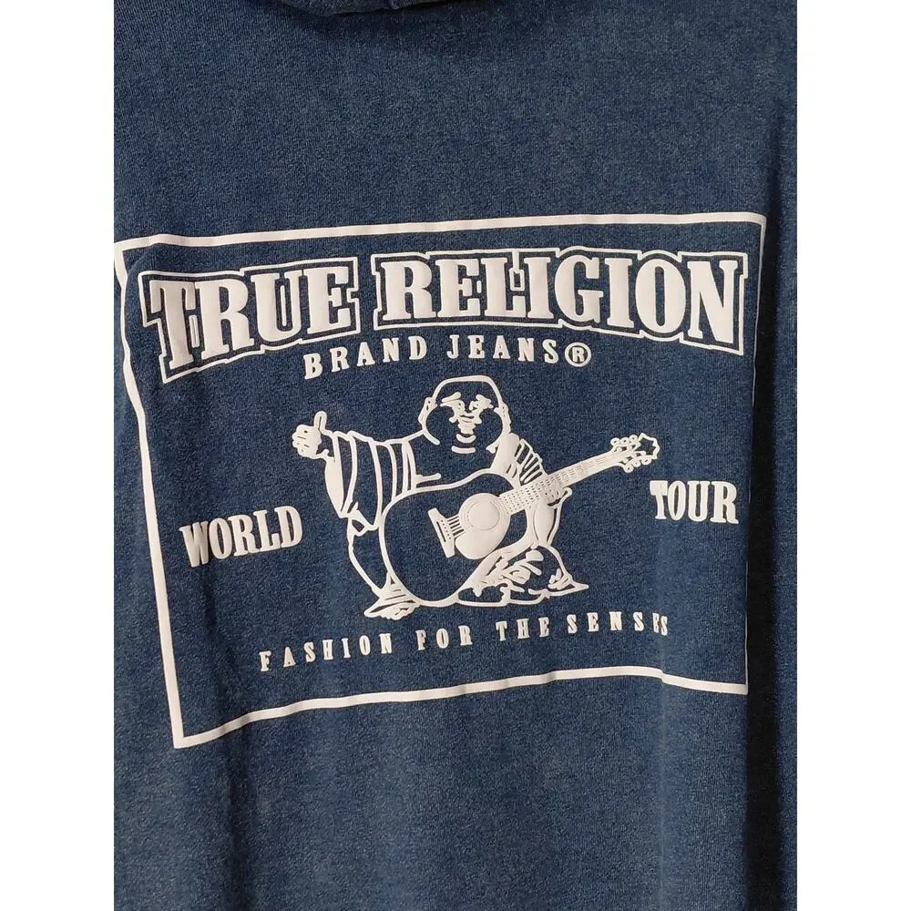 True Religion Blue Knit Full Zip Hoodie Graphic Sweatshirt Men Size XL